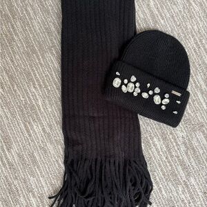 Steve Madden Black Scarf and Rhinestone Beanie Set
